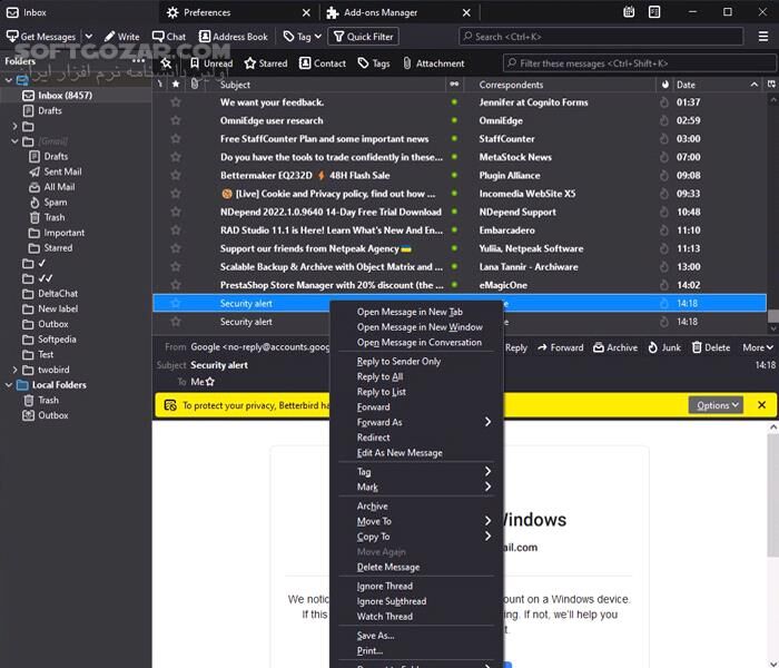 دانلود Betterbird 128.4.0 ESR (128.4.0esr-bb15) - دانلود کلاینت ایمیل - سافت گذر