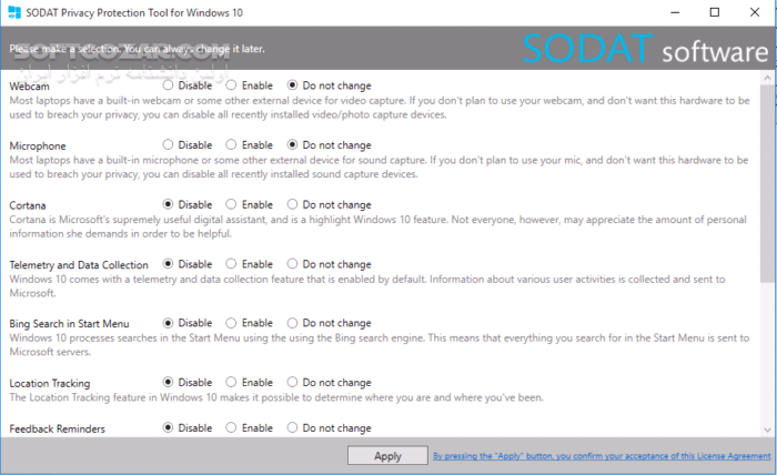 دانلود SODAT Privacy Protection Tool 1.0.2.0 - دانلود برنامه ای مفید برای حذف قابلیت های جاسوسی در ویندوز 10 و حفظ حریم خصوصی - سافت گذر