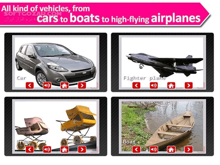 دانلود Vehicle sounds,pictures 4 kids 2.3 for Android +3.0 - دانلود آموزش وسائل حمل نقل به زبان انگلیسی برای کودکان برای اندروید - سافت گذر