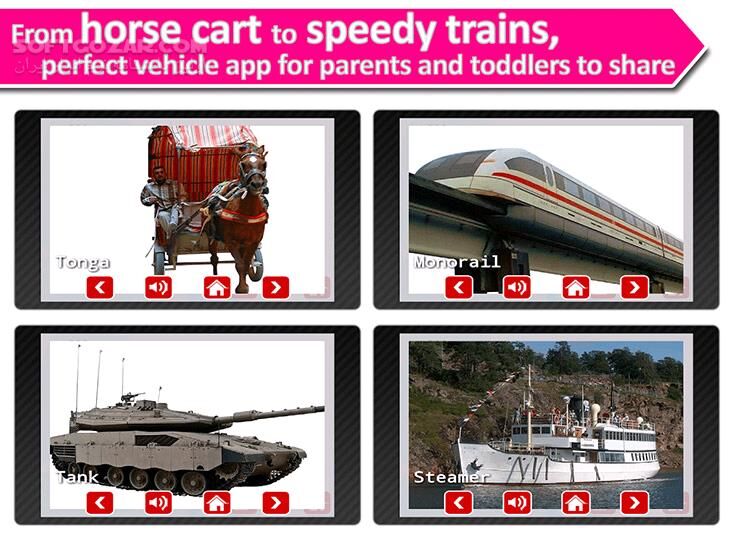 دانلود Vehicle sounds,pictures 4 kids 2.3 for Android +3.0 - دانلود آموزش وسائل حمل نقل به زبان انگلیسی برای کودکان برای اندروید - سافت گذر